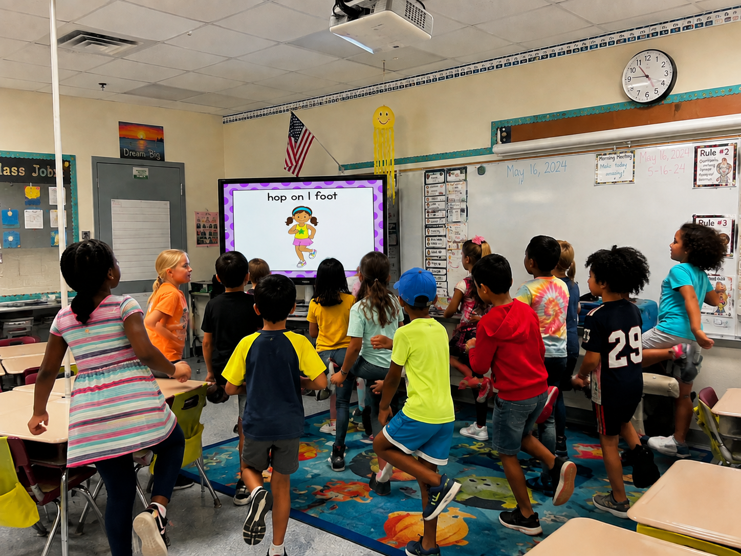 Elementary students using a Fluency & Fitness+ hop on one foot educational brain break in the classroom