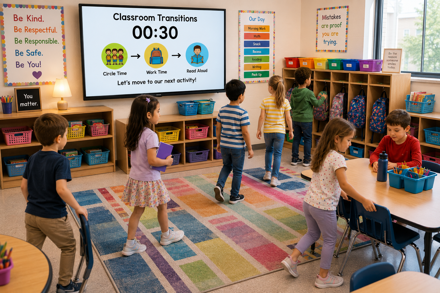 Students following a classroom transition routine displayed on the screen
