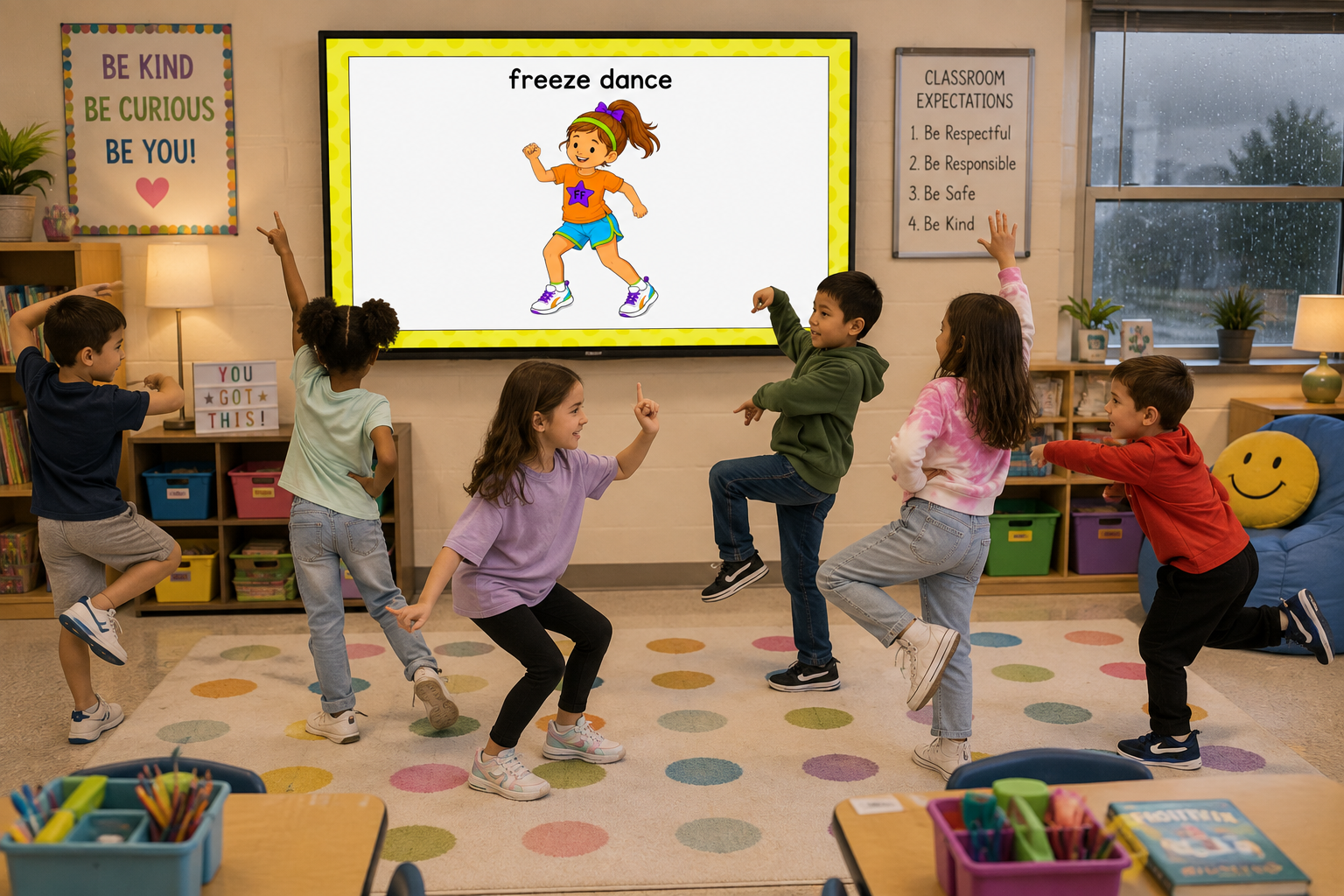 Students enjoying a Fluency & Fitness+ freeze dance activity during indoor recess