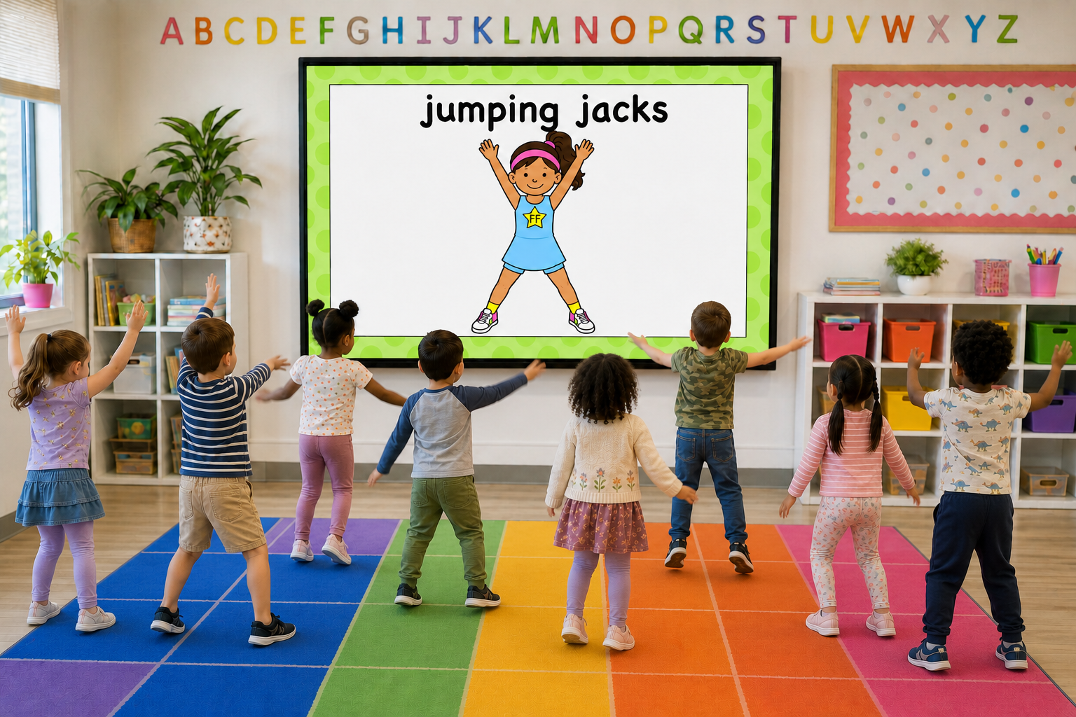 Kindergarten students doing jumping jacks while following a Fluency & Fitness+ movement activity