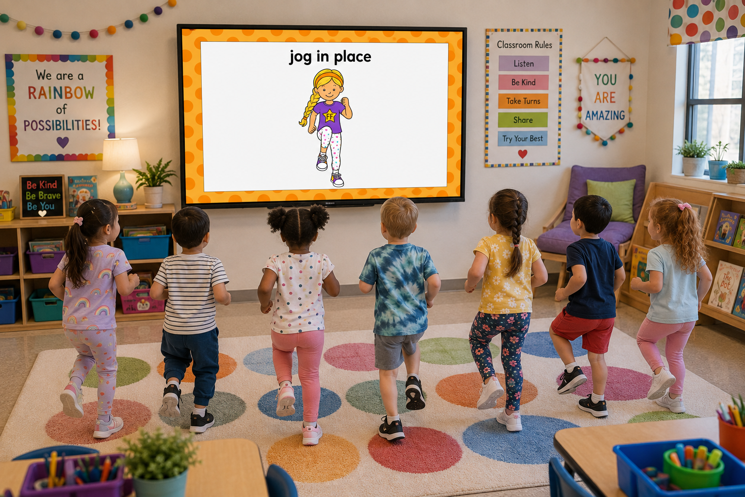 Students jogging in place during a Fluency & Fitness+ learning and movement activity