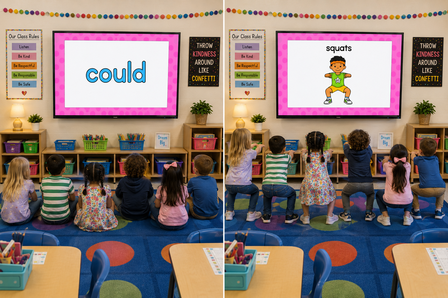 Students reading a sight word and completing squats with Fluency & Fitness+