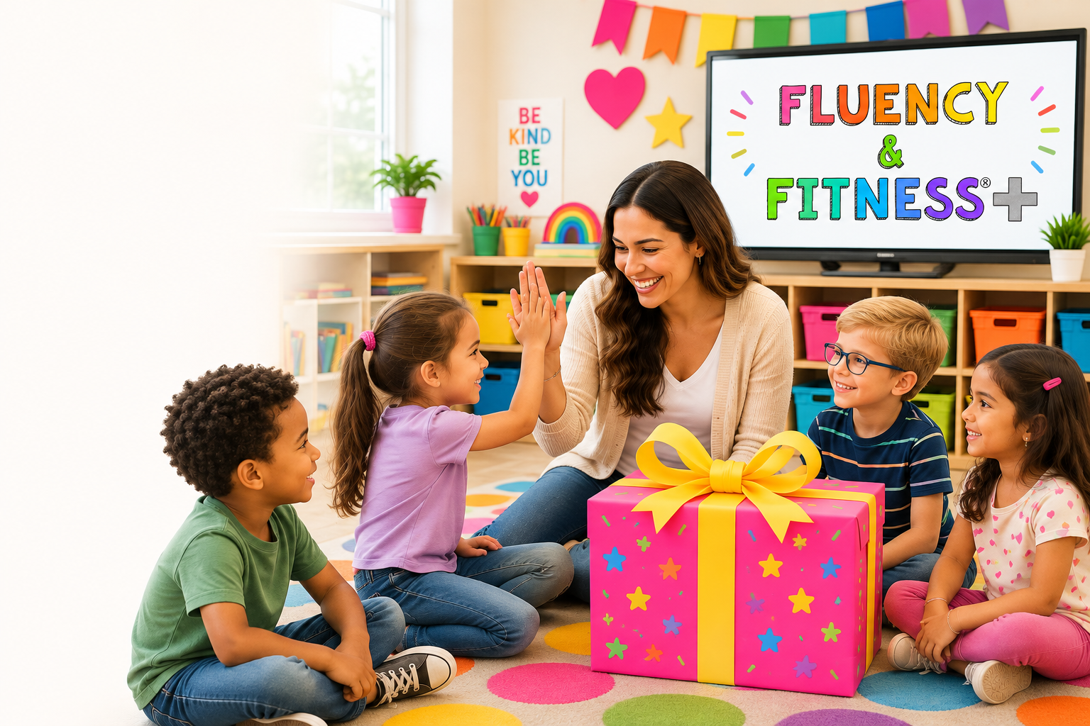 A teacher and four children gathered around a gift box in a Fluency & Fitness+ classroom